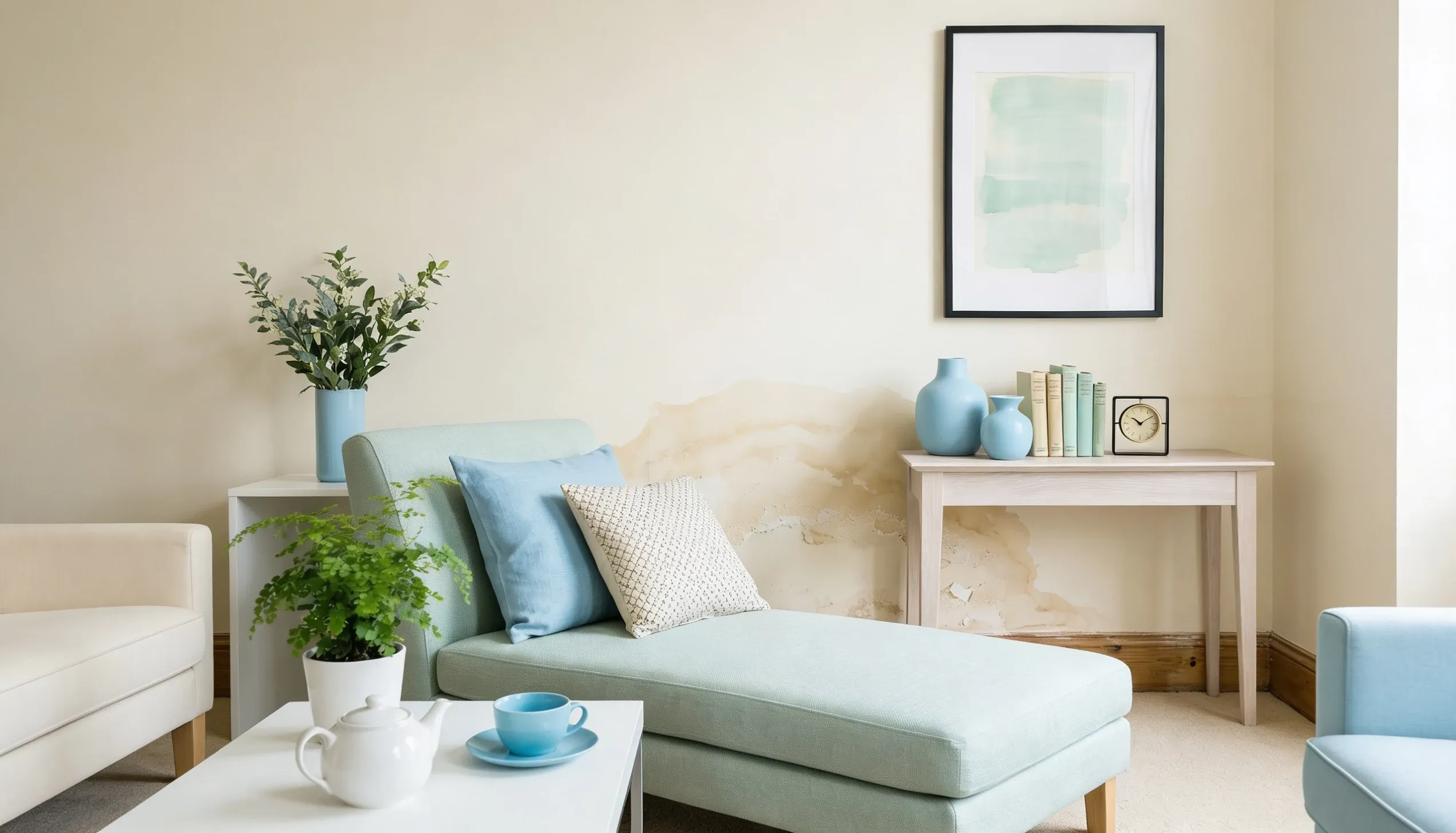 Living room with a damp patch low on the wall