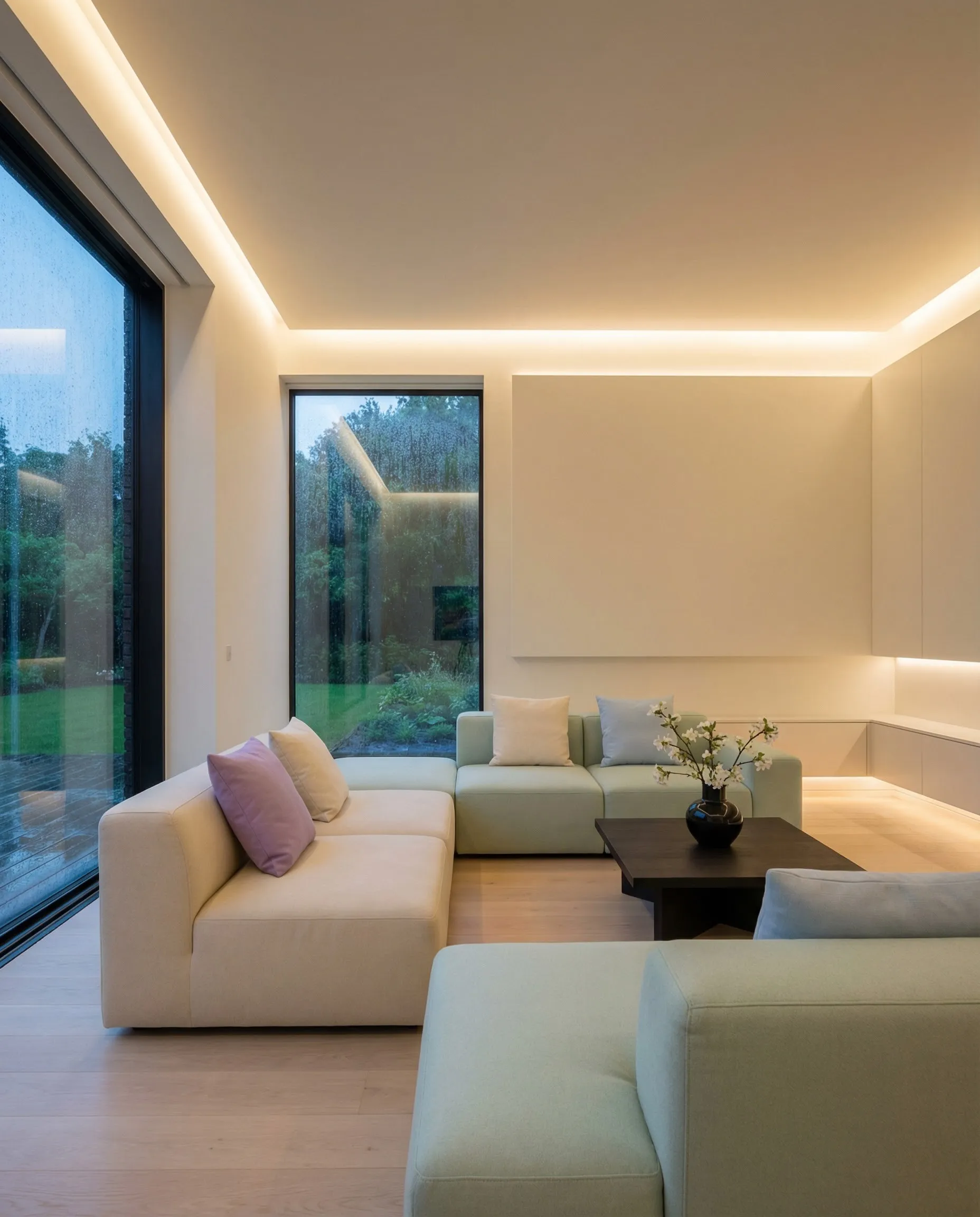 Calm living room on a rainy evening