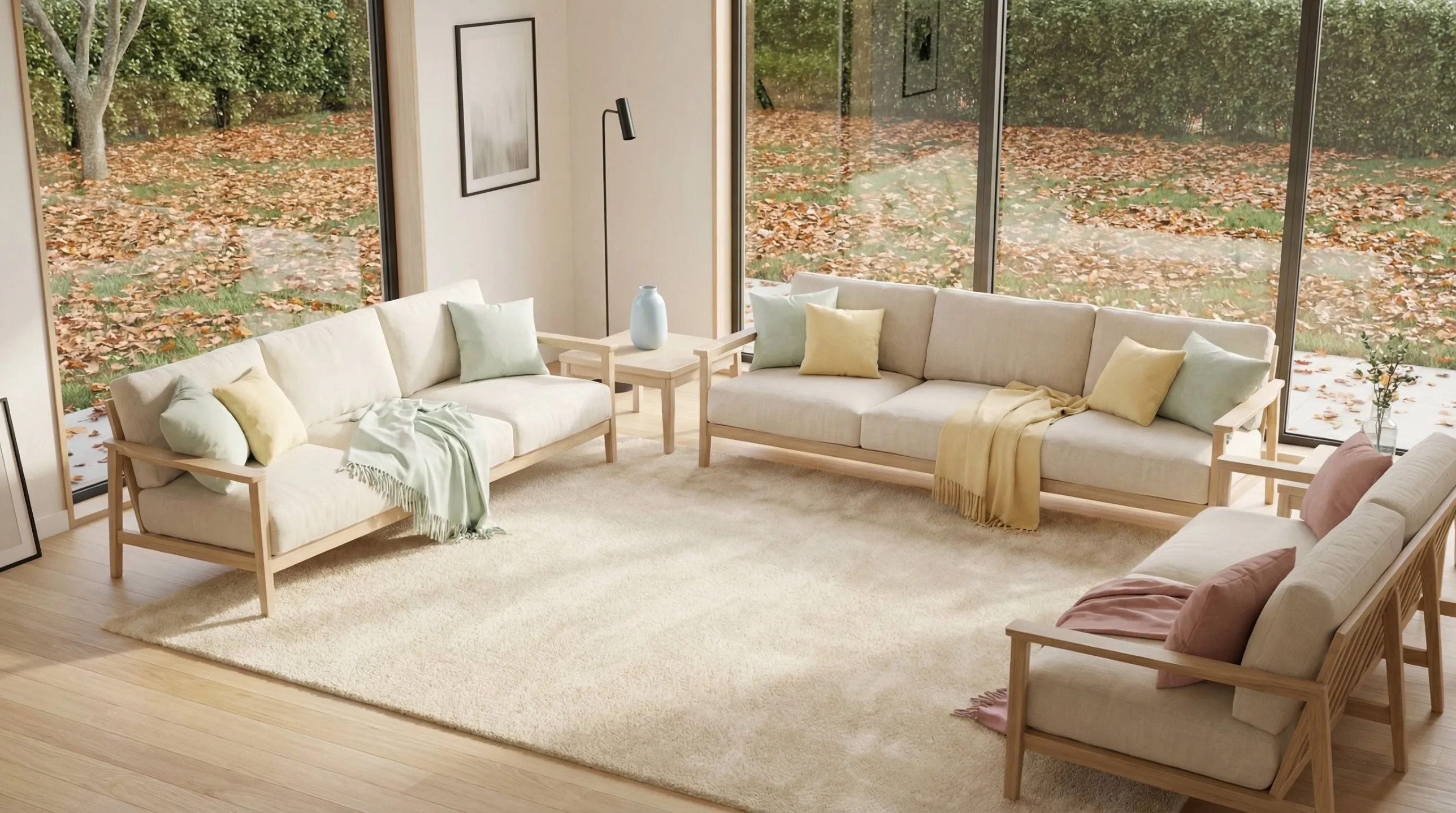 Bright living room with pale sofas and a view of an autumn garden