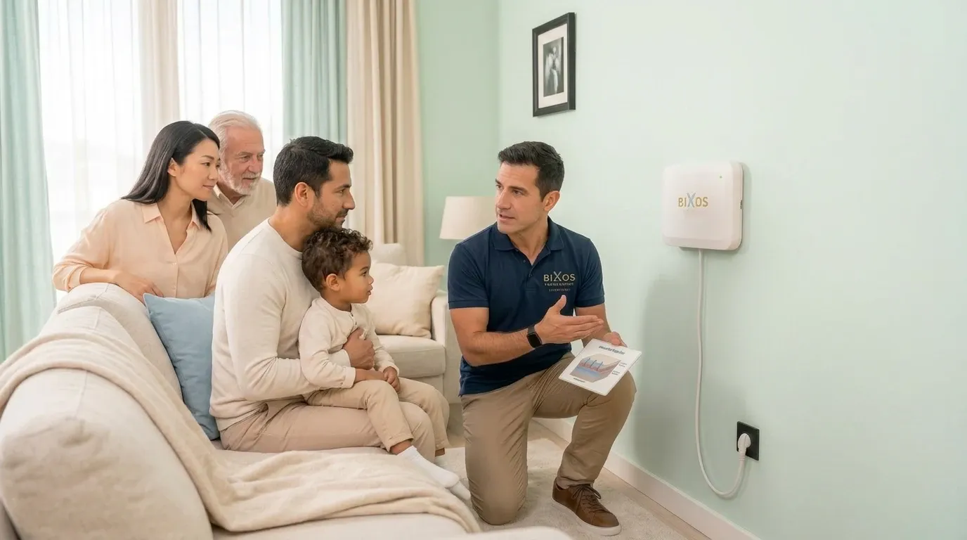 Technician explaining the assessment to a family next to the installed unit